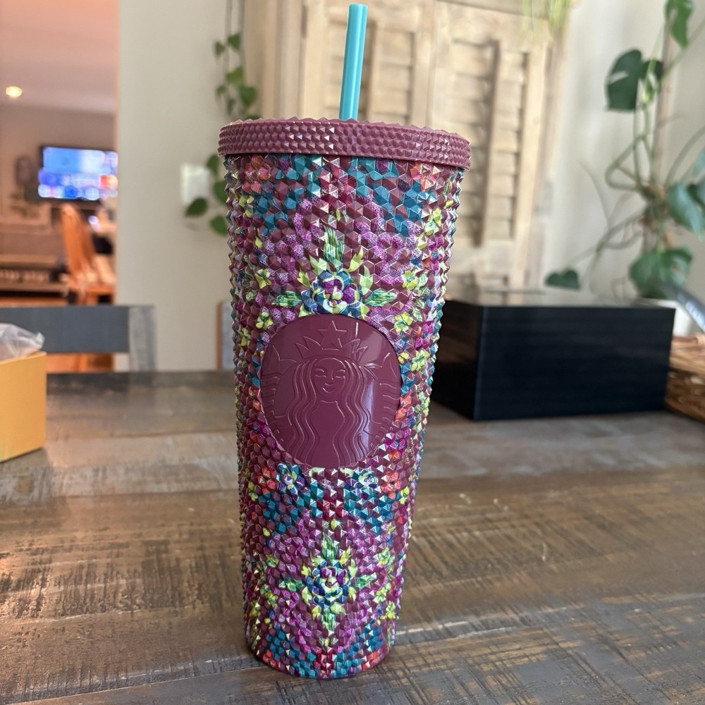 Starbucks 2025 Fall Floral Bling 24oz Tumbler Cold Cup Floral Studded Grid Straw